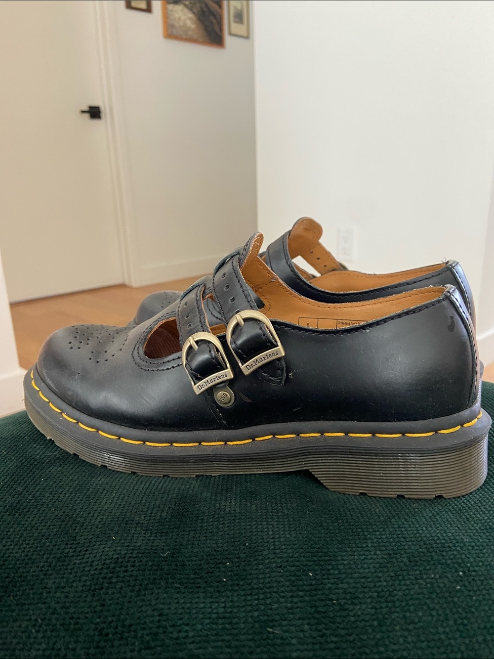 Dr. Martens Black Double Strap Mary Jane with Yellow Welt Stitching